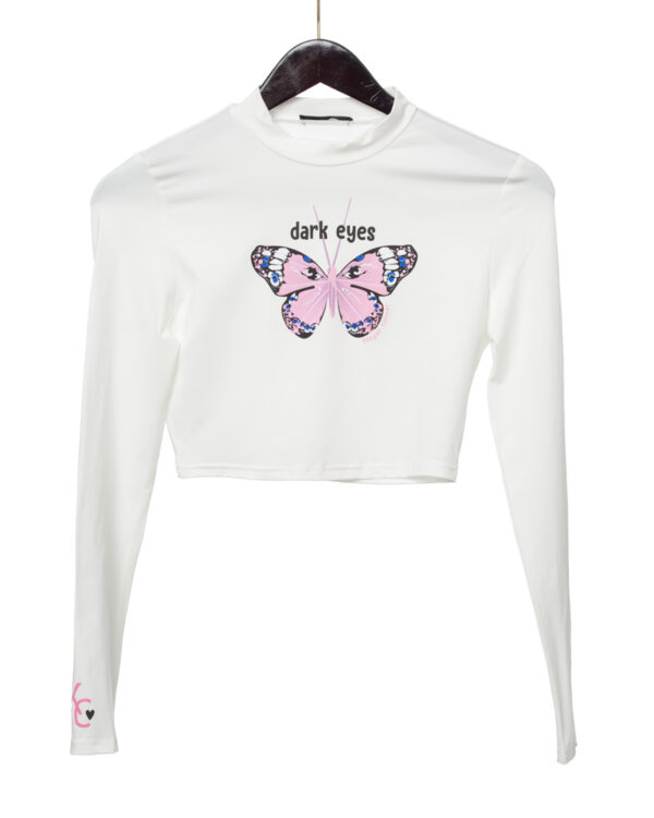 WHITE Mock Neck Solid Long sleeve Crop Top with BUTTERFLY
